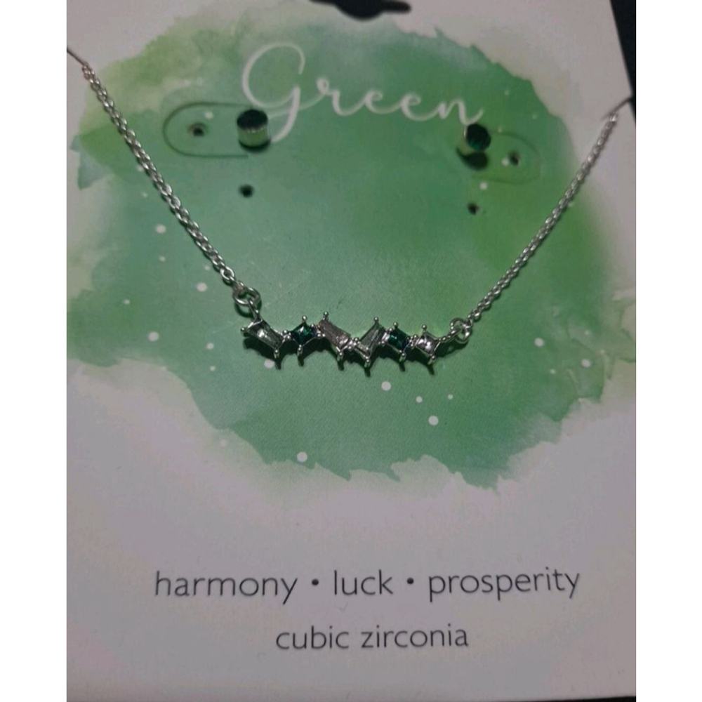 Green Silver Cubic Zirconia Necklace and Earring Set - Picture 3 of 5